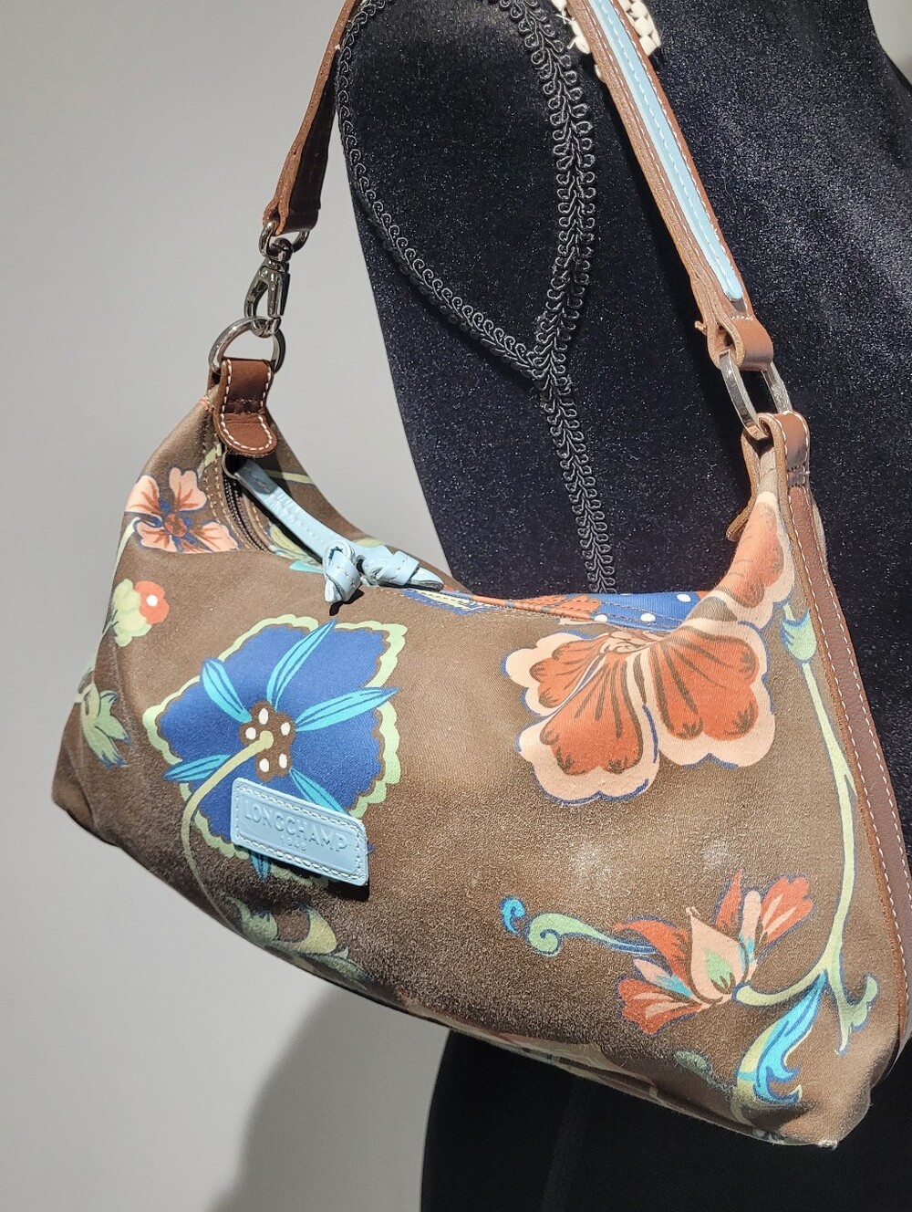 Longchamp Brown Floral Shoulder Bag with Blue Accents - Picture 3 of 11